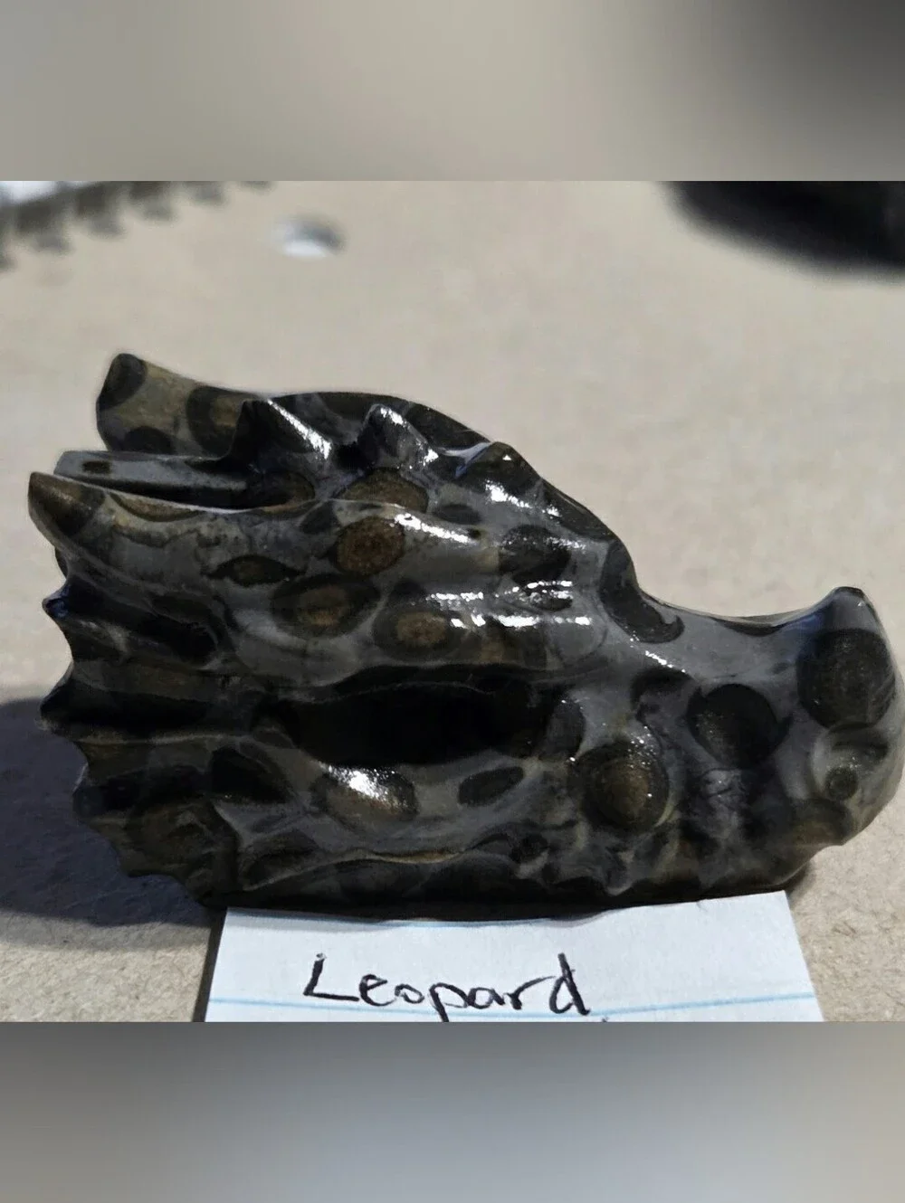 Detailed Leopard Skin Jasper Crystal Carved Dragon Head Stone Sculpture Decor